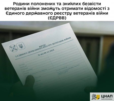 Родини полонених та зниклих безвісти ветеранів війни зможуть отримати відомості з Єдиного державного реєстру ветеранів війни (ЄДРВВ)